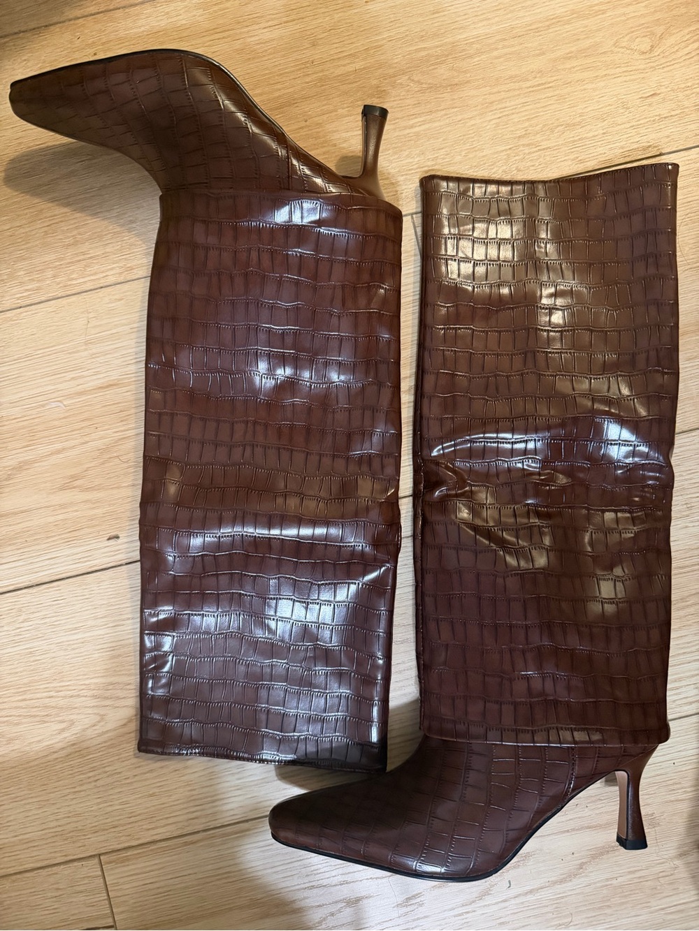Croc-Embossed Over-the-Knee Boots in Rich Brown